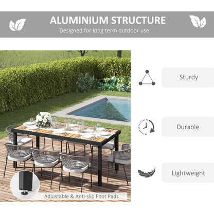 Aluminium Outdoor Garden Dining Table for 8 People, Faux Wood Top, for Garden, Patio, 190 x 90 x 74 cm, Natural