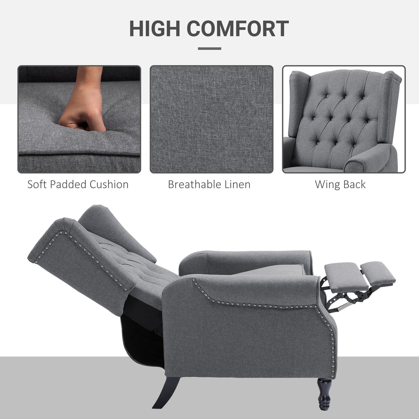 Recliner Armchair, Vintage Reclining Chair with Nail Head Trim, Wingback Chair with Button Tufted Back and Footrest