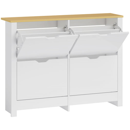 Slim Shoe Cabinet, Narrow Shoe Cupboard with 4 Flip Drawers, Adjustable Shelves for 16 Pairs of Shoes, White