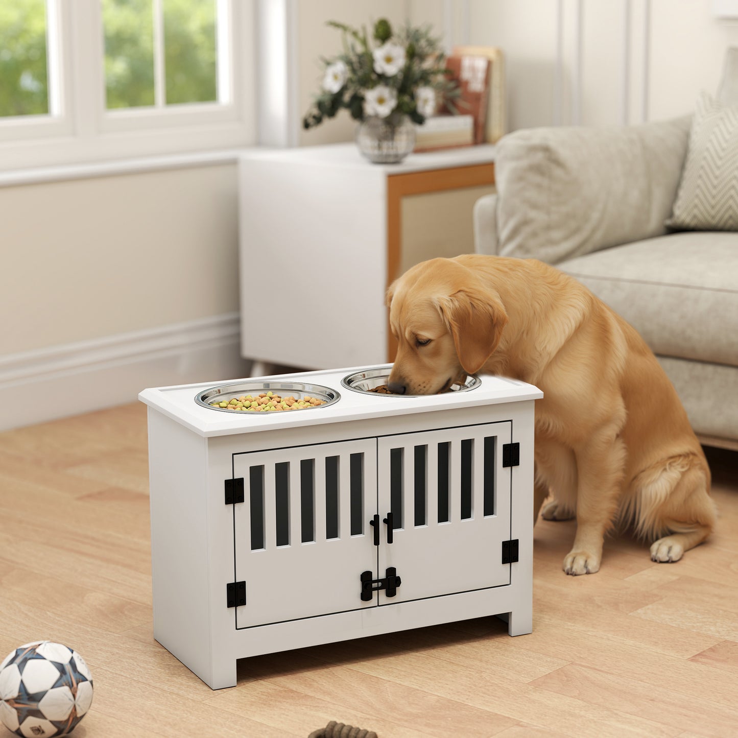 Raised Dog Bowls, Pet Feeding Station, with Storage, Food and Water Bowls, for Large Dogs - White