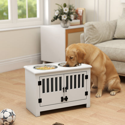 Raised Dog Bowls, Pet Feeding Station, with Storage, Food and Water Bowls, for Large Dogs - White