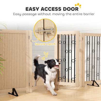 4 Panel Freestanding Pet Gate, Indoor Dog Barrier with Lockable Door, Support Feet, 360° Flexible Hinges, Oak