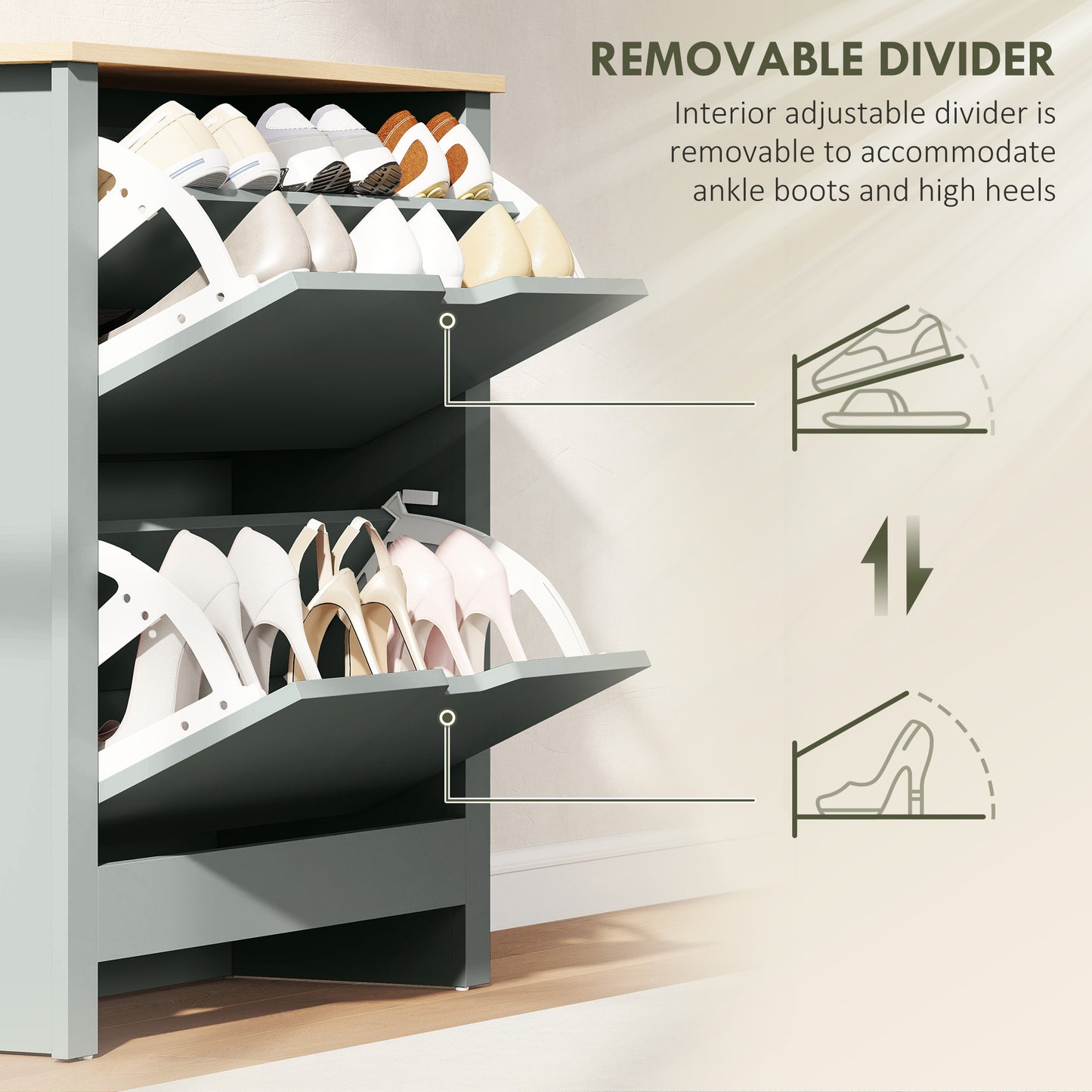 Slim Shoe Cabinet, Narrow Shoe Cupboard with 2 Flip Drawers, Adjustable Shelves for 12 Pairs of Shoes, Light Grey