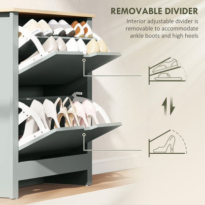 Slim Shoe Cabinet, Narrow Shoe Cupboard with 2 Flip Drawers, Adjustable Shelves for 12 Pairs of Shoes, Light Grey