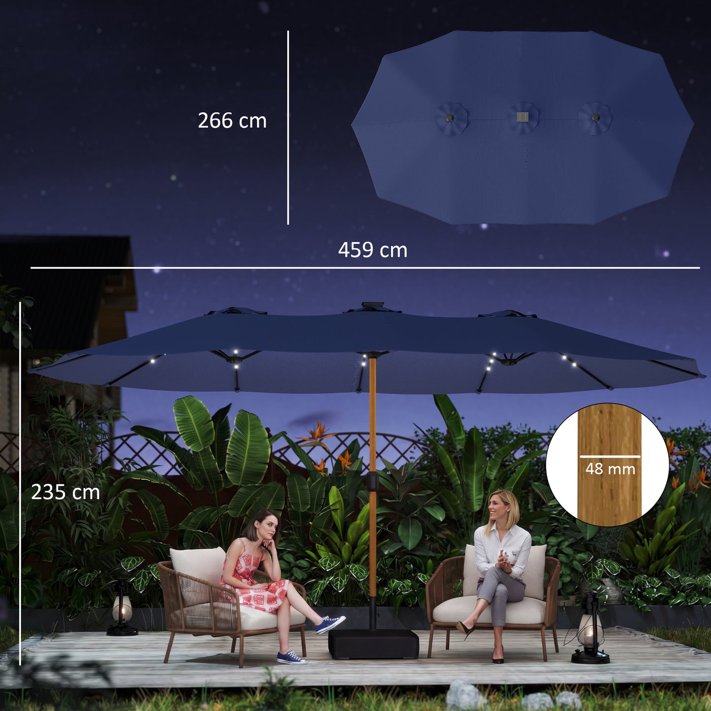 Double Sided Garden Parasol with Base Included & 48 Solar LED Lights Patio Umbrella Crank Handle 4.6m Dark Blue