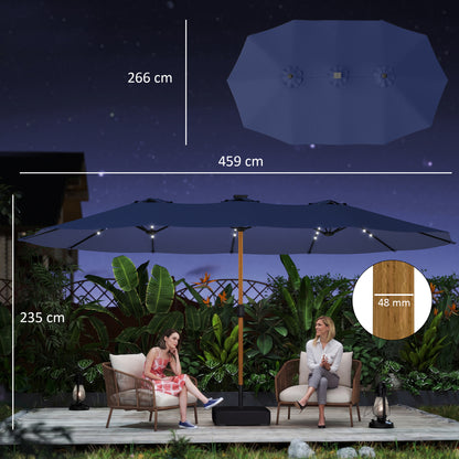 Double Sided Garden Parasol with Base Included & 48 Solar LED Lights Patio Umbrella Crank Handle 4.6m Dark Blue