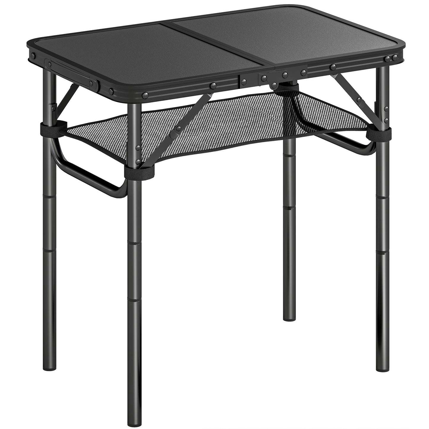 2ft Folding Camping Table, Picnic Table with Mesh Storage Layer, 4 Adjustable Heights and Carrying Handle, Black