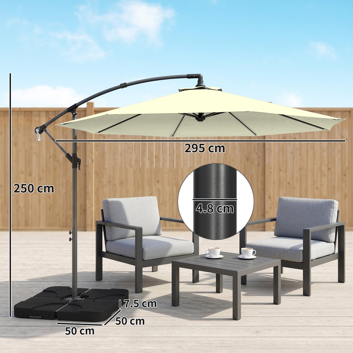 3m Overhanging Parasol, with Base, Weights and Cover - Beige