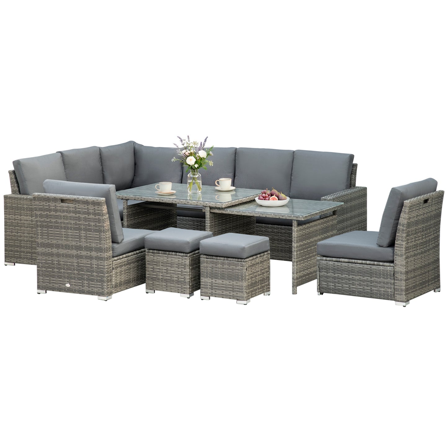 Seven-Piece Rattan Garden Sofa Set, with Expanding Table - Grey