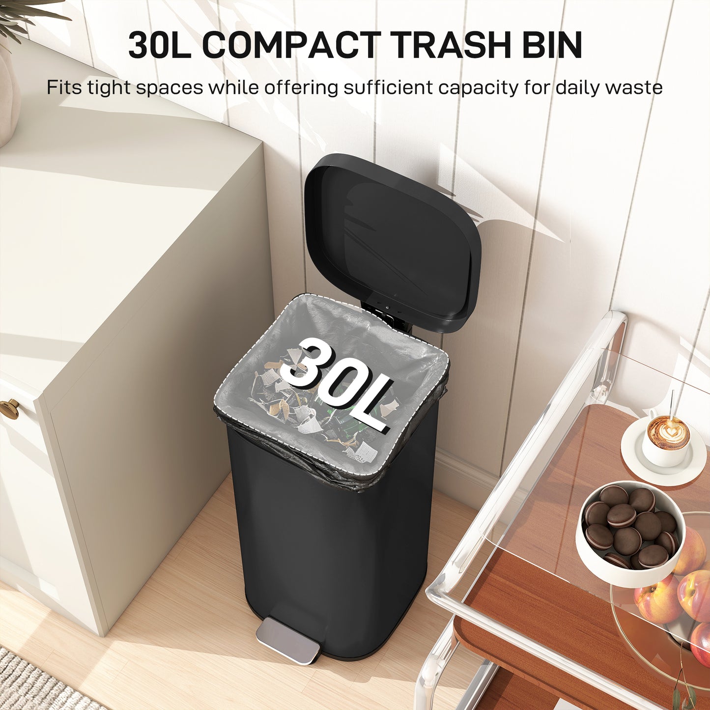 30L Kitchen Bin, Compact Pedal Bin with Soft-Close and Stay-Open Lid, Removable Bucket for Kitchen, Home, Office, Black