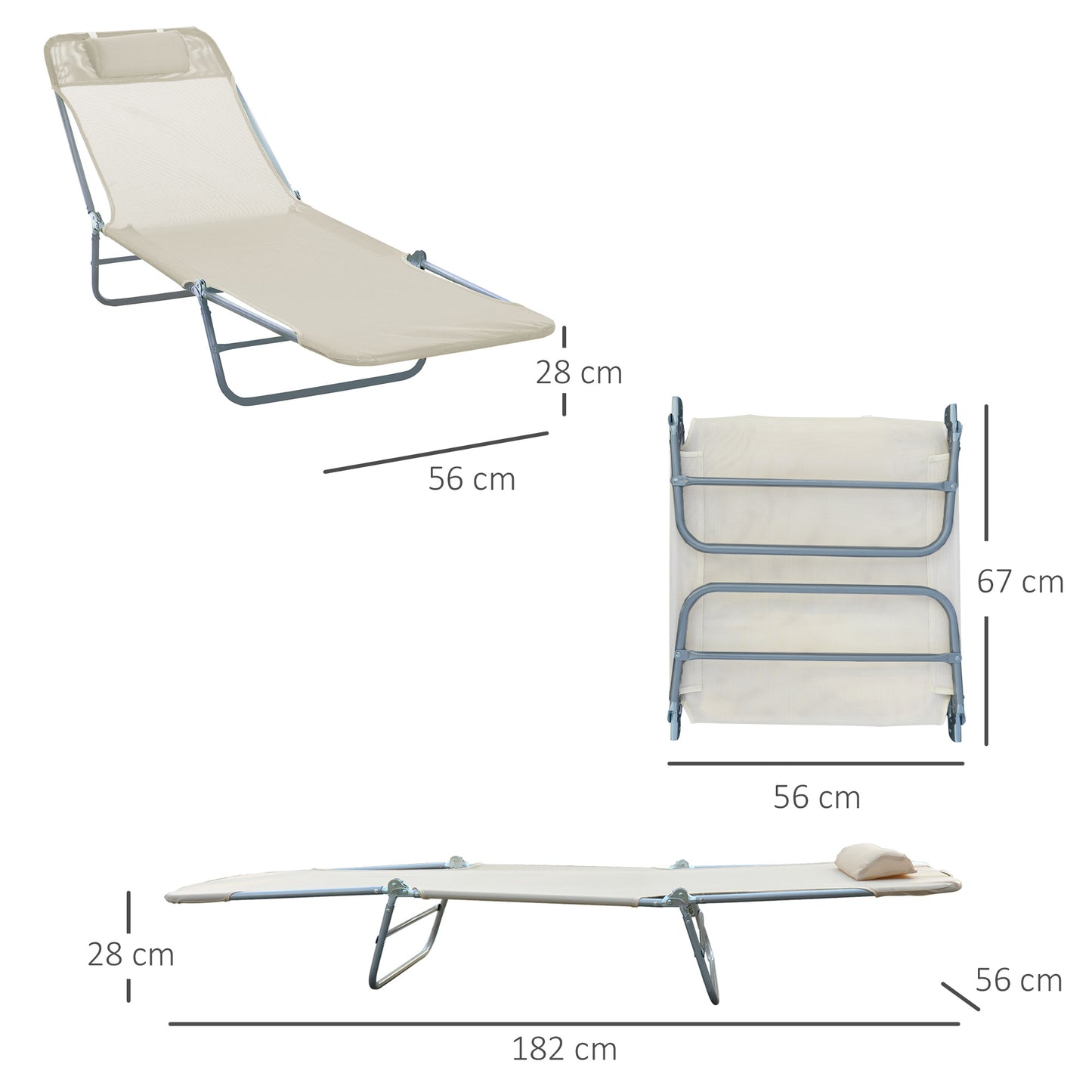 Folding Sun Lounger, Texteline Reclining Sun Bed with 5 Position Adjustable Backrest, Headrest, Beige