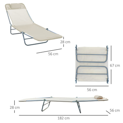Folding Sun Lounger, Texteline Reclining Sun Bed with 5 Position Adjustable Backrest, Headrest, Beige