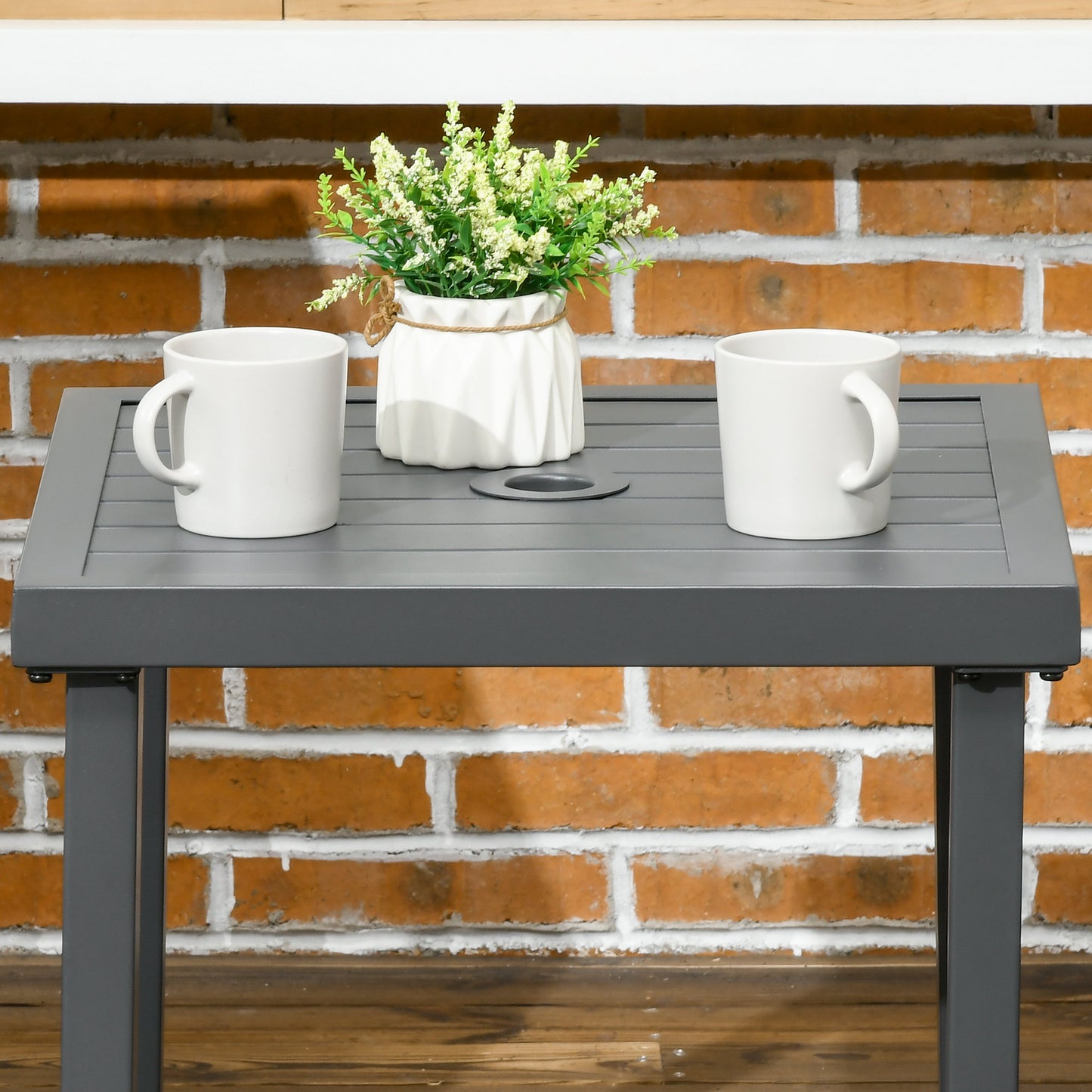 Garden Side Table, 51x51cm Square Patio Coffee Table with Umbrella Hole, End Table with Steel Frame for Balcony, Grey
