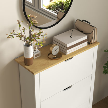 Slim Shoe Cabinet, Narrow Shoe Cupboard with 3 Flip Drawers, Adjustable Shelves for 18 Pairs of Shoes, High Gloss White