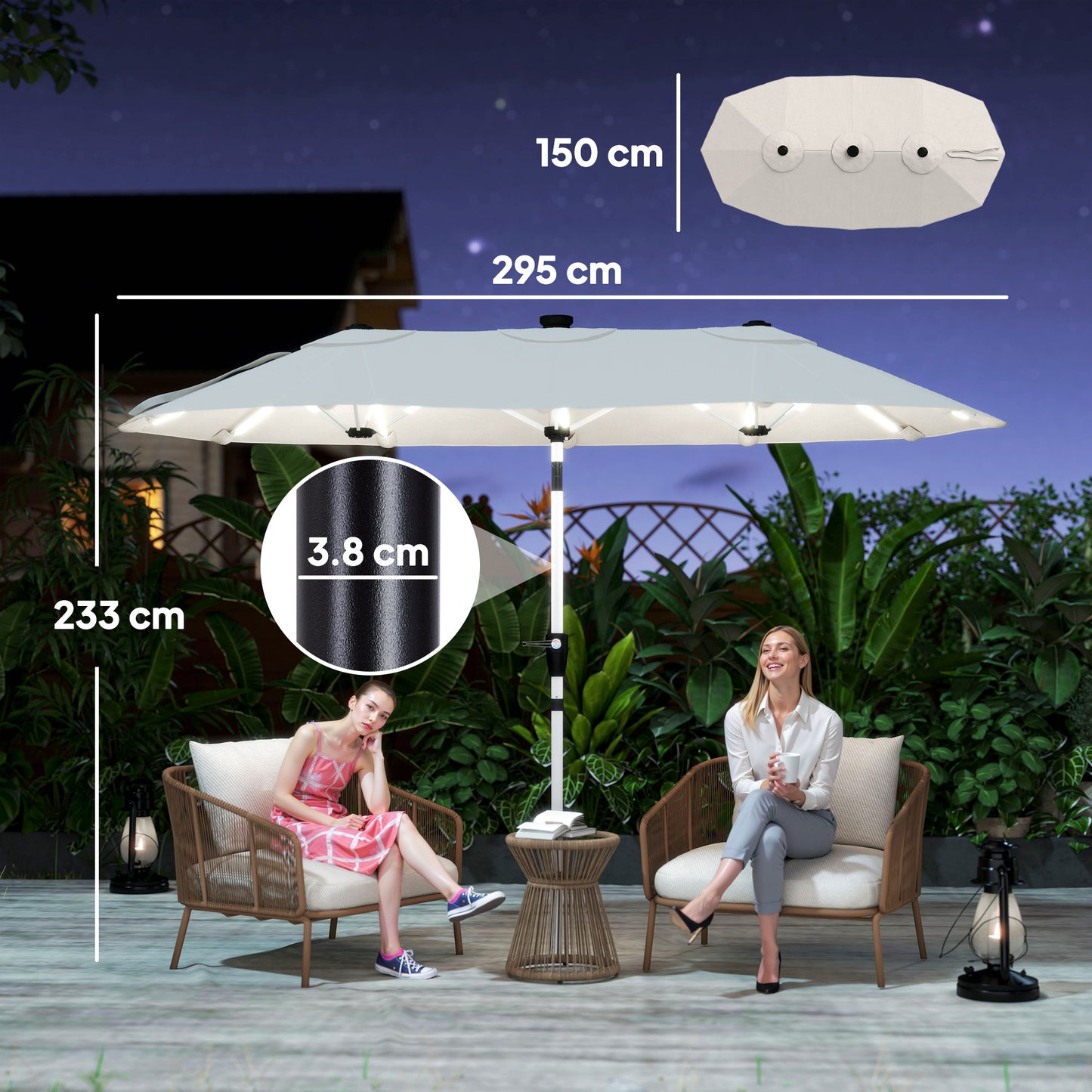 3 m Double-Sided Garden Parasol with LED Solar Lights, Tilt, Outdoor Extra Large Sun Umbrella with Crank Handle, Cream