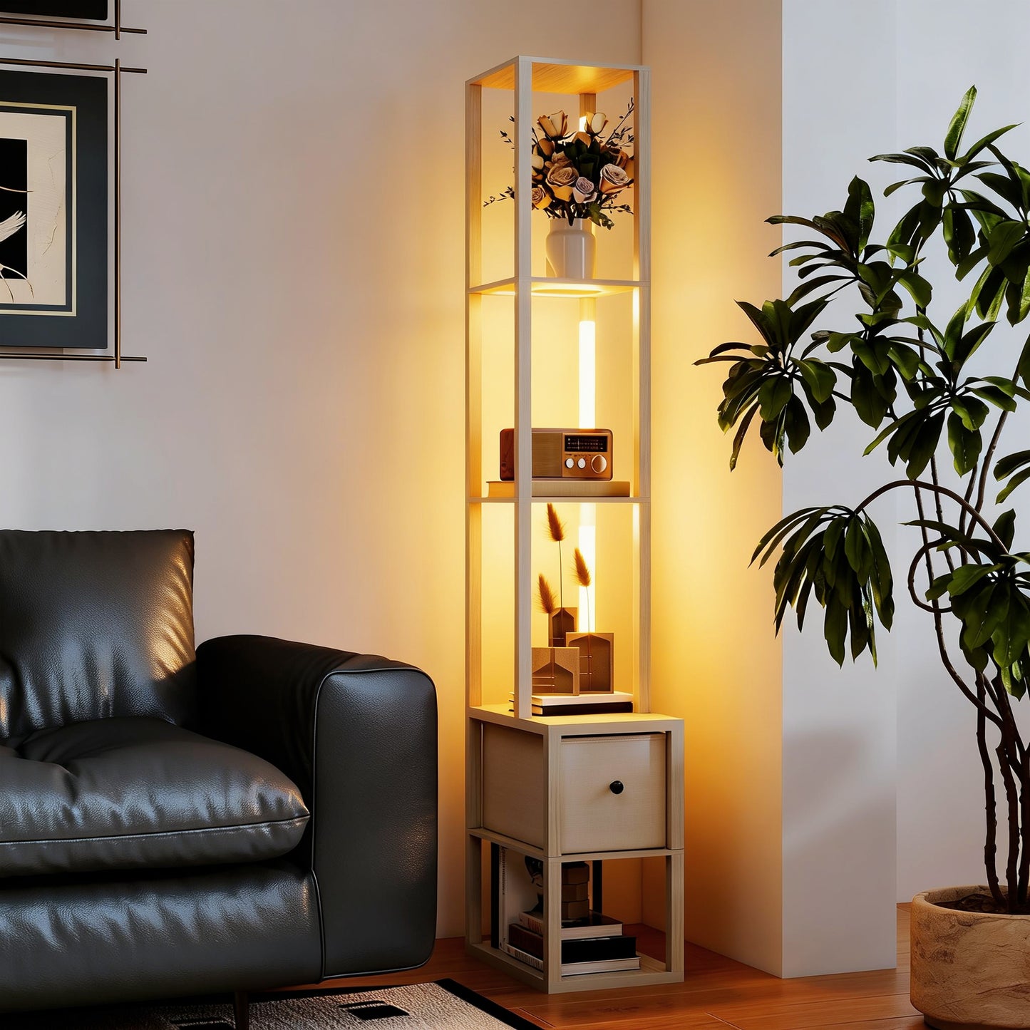 Floor Lamp with Shelves, LED Column Modern Standing Lamp with Fabric Drawer, Adjustable Brightness