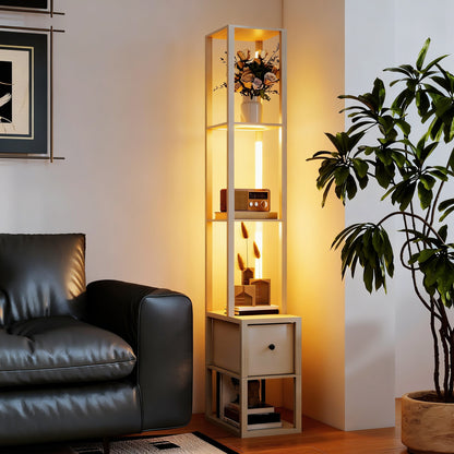 Floor Lamp with Shelves, LED Column Modern Standing Lamp with Fabric Drawer, Adjustable Brightness
