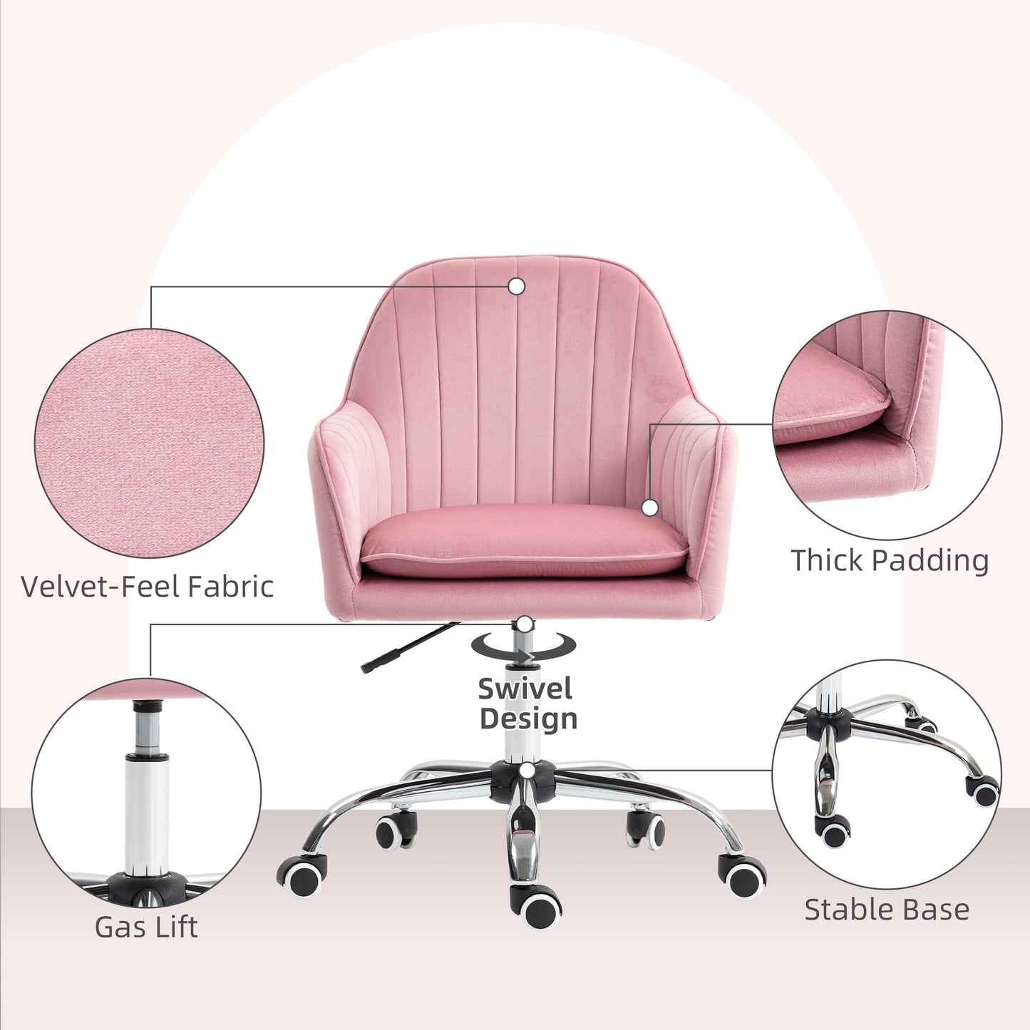 Velvet-Feel Tub Office Chair, with Seat Cushion - Dark Pink