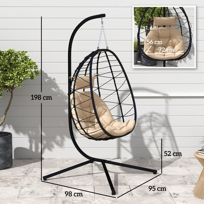 Hanging Egg Chair Outdoor Indoor Garden Swing Chair with Folding Basket, Thickened Cushion, Garden Hanging Chair with Stand