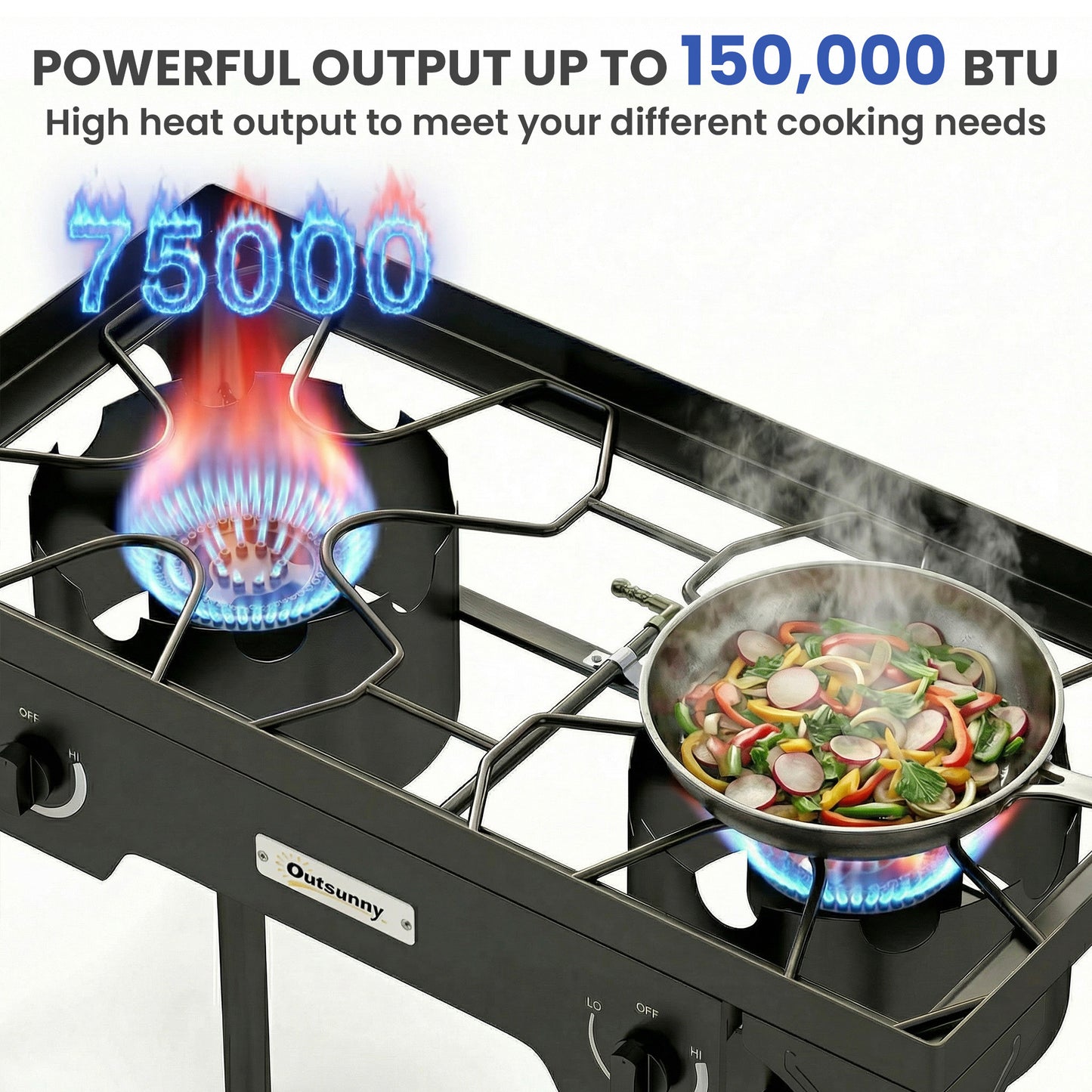 Double Burner Camping Stove, 150,000 BTU High Pressure Camping Gas Stove with Detachable Legs, Black