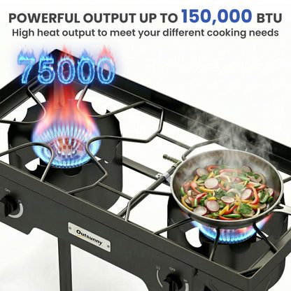 Double Burner Camping Stove, 150,000 BTU High Pressure Camping Gas Stove with Detachable Legs, Black