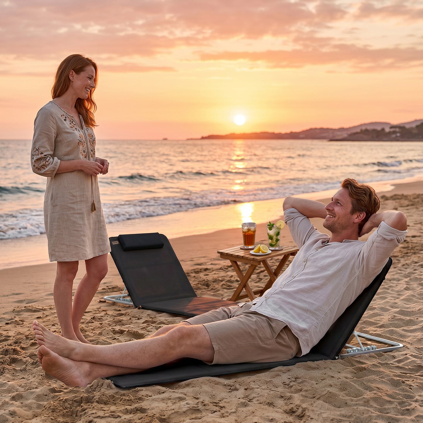 Set of 2 Foldable Garden Beach Chair Mat Lightweight Outdoor Sun Lounger Seats Adjustable Back Metal Frame PE Fabric Head Pil