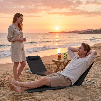 Set of 2 Foldable Garden Beach Chair Mat Lightweight Outdoor Sun Lounger Seats Adjustable Back Metal Frame PE Fabric Head Pil