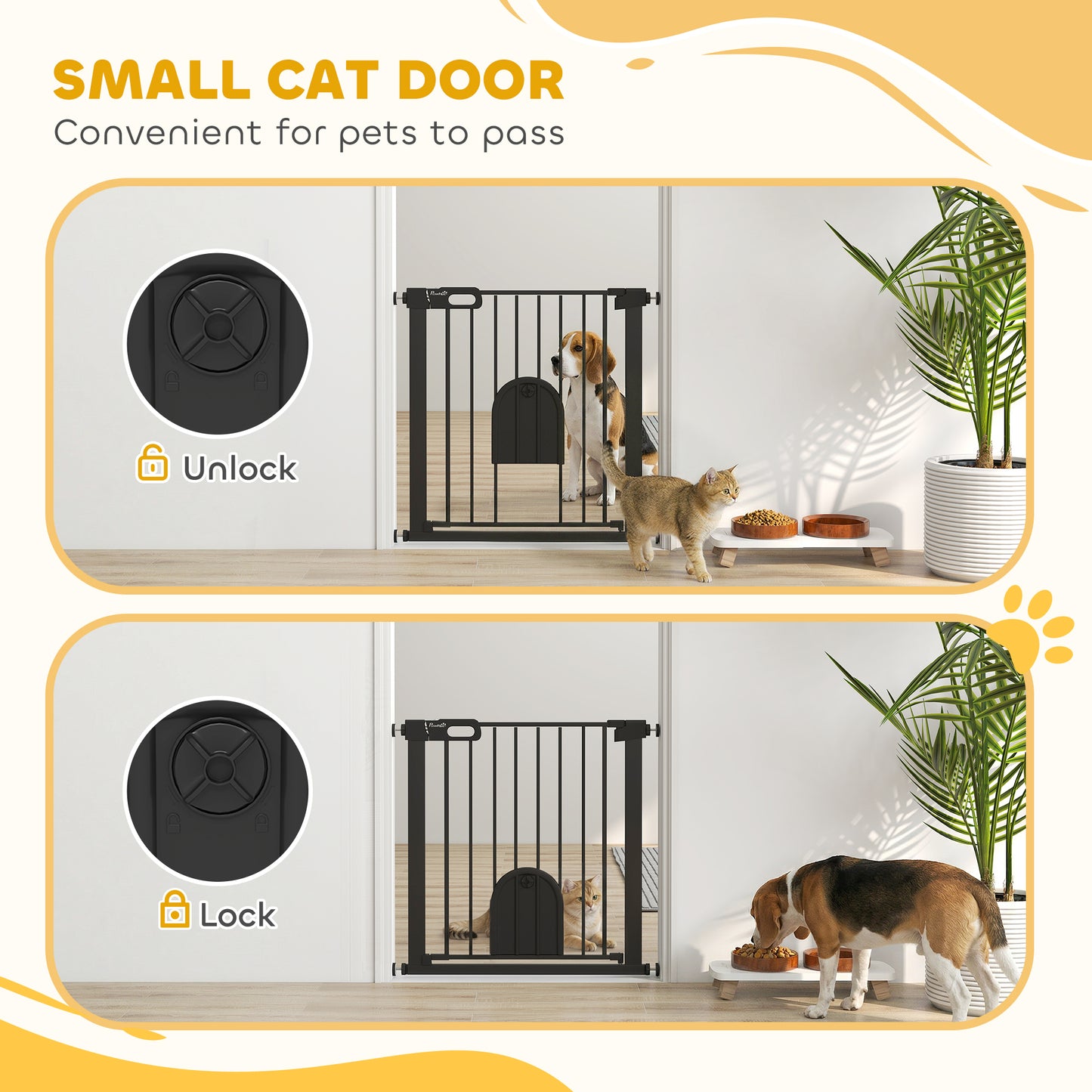 Dog Gate with Cat Flap Pet Safety Gate Barrier, Stair Pressure Fit, Auto Close, Double Locking, 75-82 cm Black