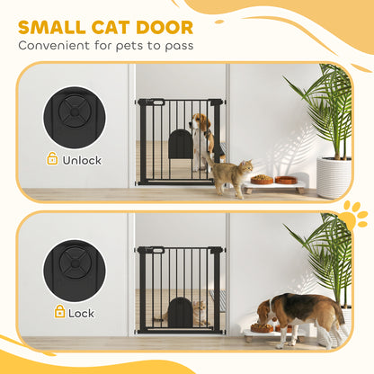 Dog Gate with Cat Flap Pet Safety Gate Barrier, Stair Pressure Fit, Auto Close, Double Locking, 75-82 cm Black