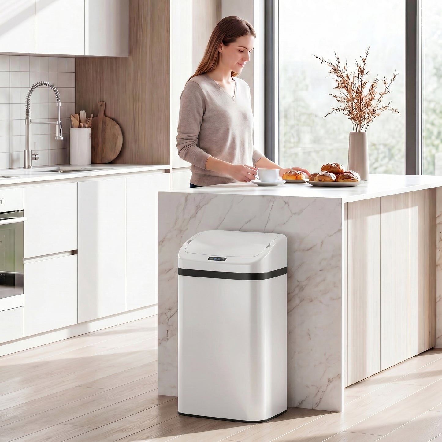 48L Stainless Steel Sensor Bin - White