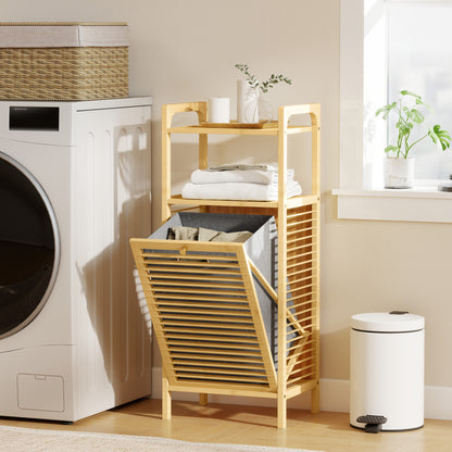Bamboo Laundry Cabinet with Slatted Door, Bathroom Cabinet with Tilt-Out Hamper and Removable Liner Bag, 40 x 30D x 95 cm