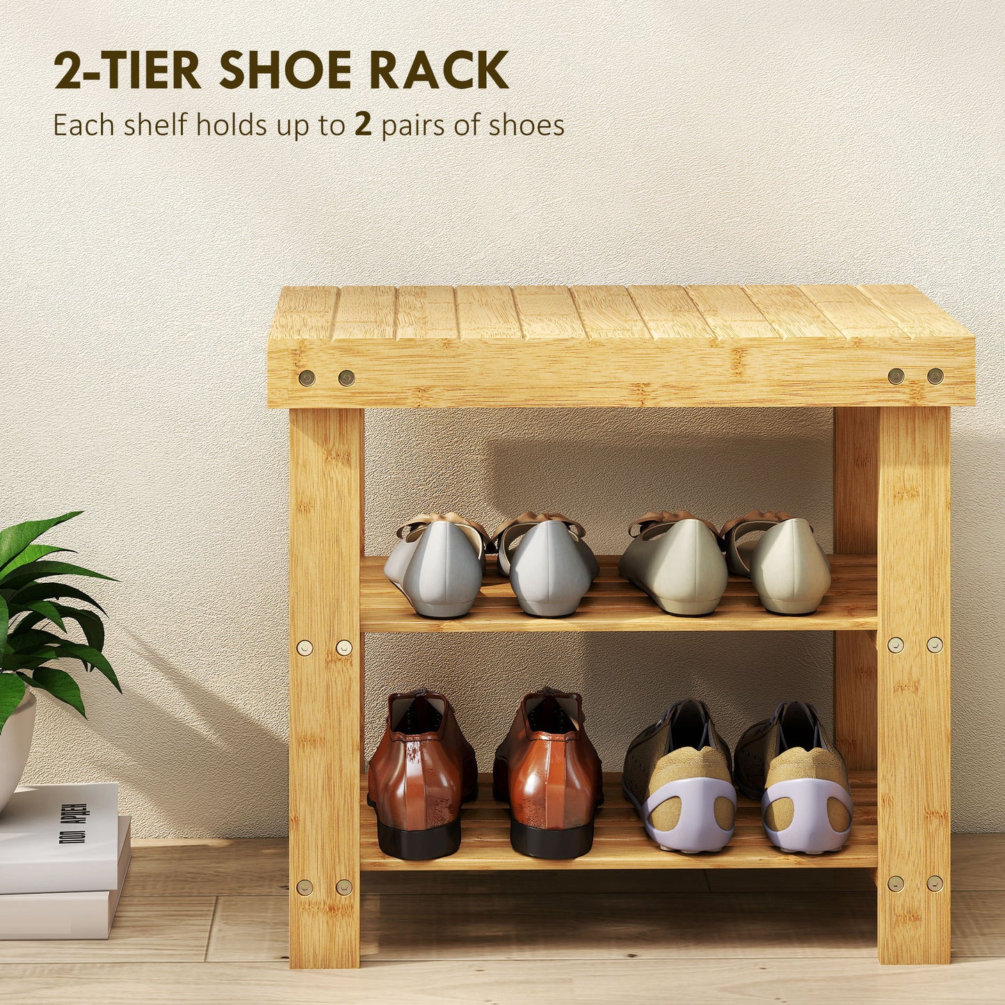 Two Shelf Bamboo Shoe Storage Bench - Natural Finish