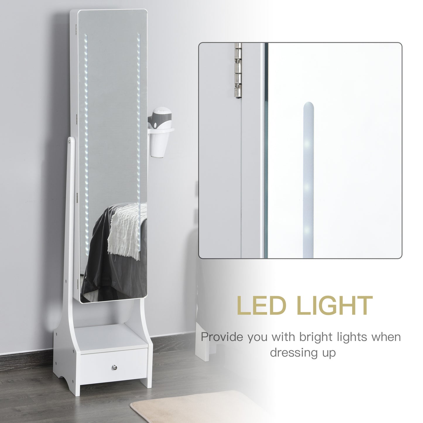 Jewellery Cabinet, Full Length Mirror with Storage, Free Standing Mirror with LED Lights, Hooks