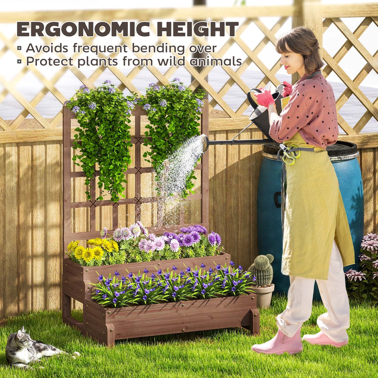 2-Tier Raised Garden Bed with Trellis, Wooden Elevated Planter Box with Drainage Holes