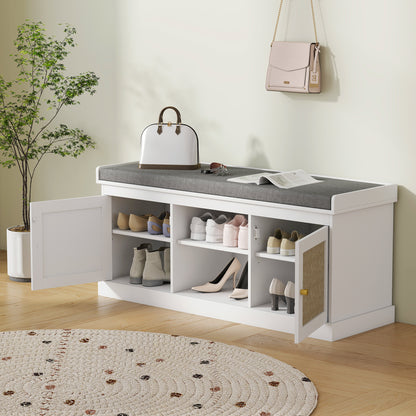 Boho Shoe Storage Bench with Padded Cushion and Rattan Doors - White