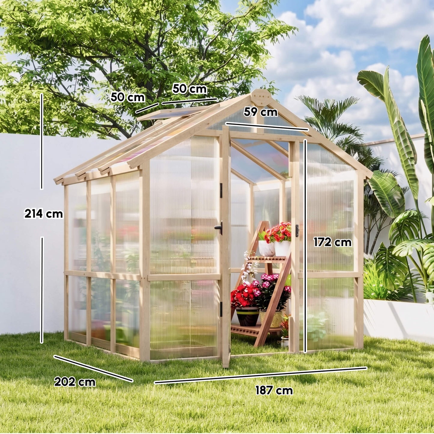 6.6 x 6ft Polycarbonate Greenhouse, Walk-in Wooden Greenhouse with Lockable Door and Window, Garden Plants Grow House, Brown