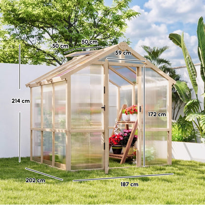 6.6 x 6ft Polycarbonate Greenhouse, Walk-in Wooden Greenhouse with Lockable Door and Window, Garden Plants Grow House, Brown