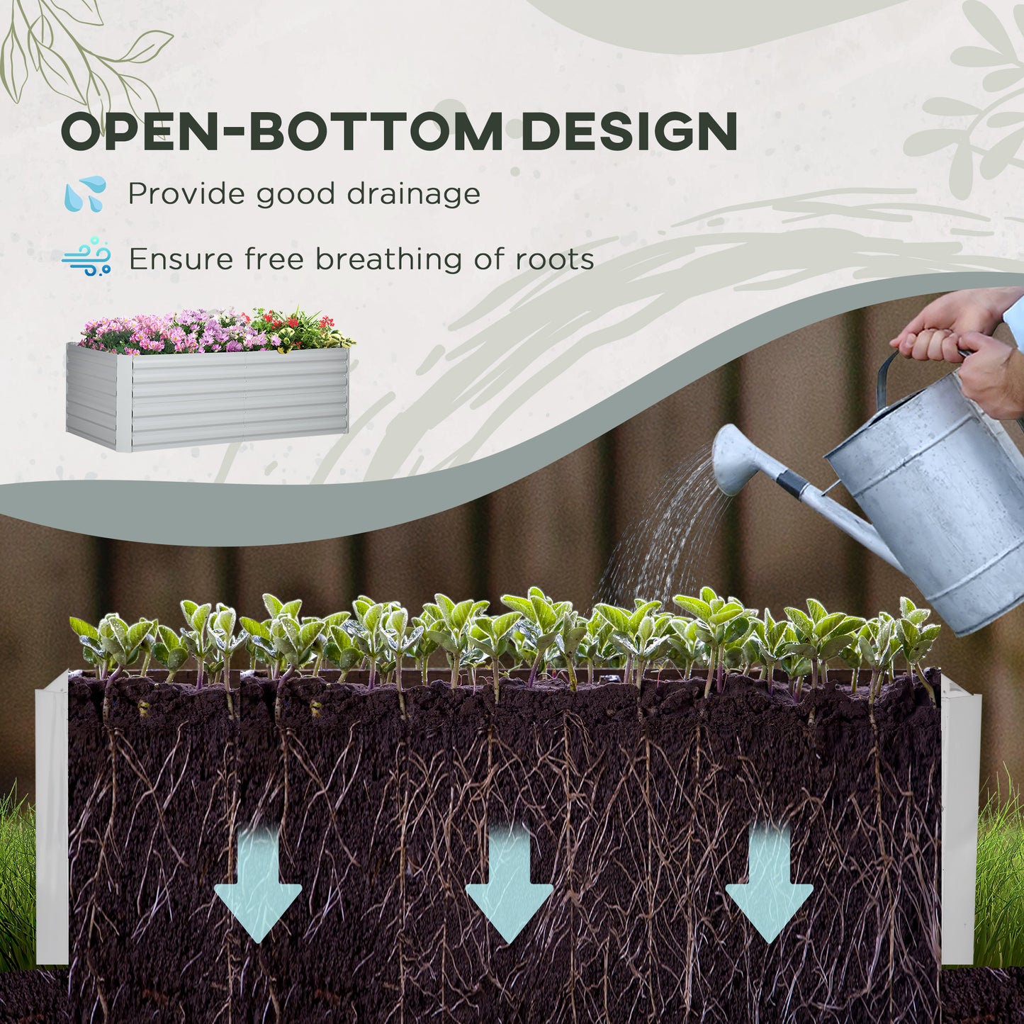 Raised Beds for Garden, Galvanised Steel Outdoor Planters with Multi-reinforced Rods, 180 x 90 x 59 cm, Light Grey