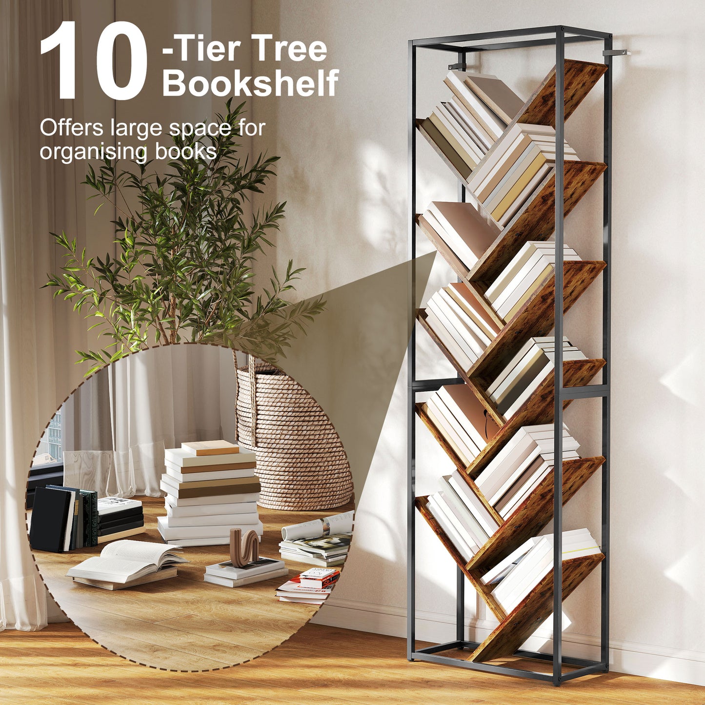 10 Shelf Industrial-Style Bookshelf - Black/Brown