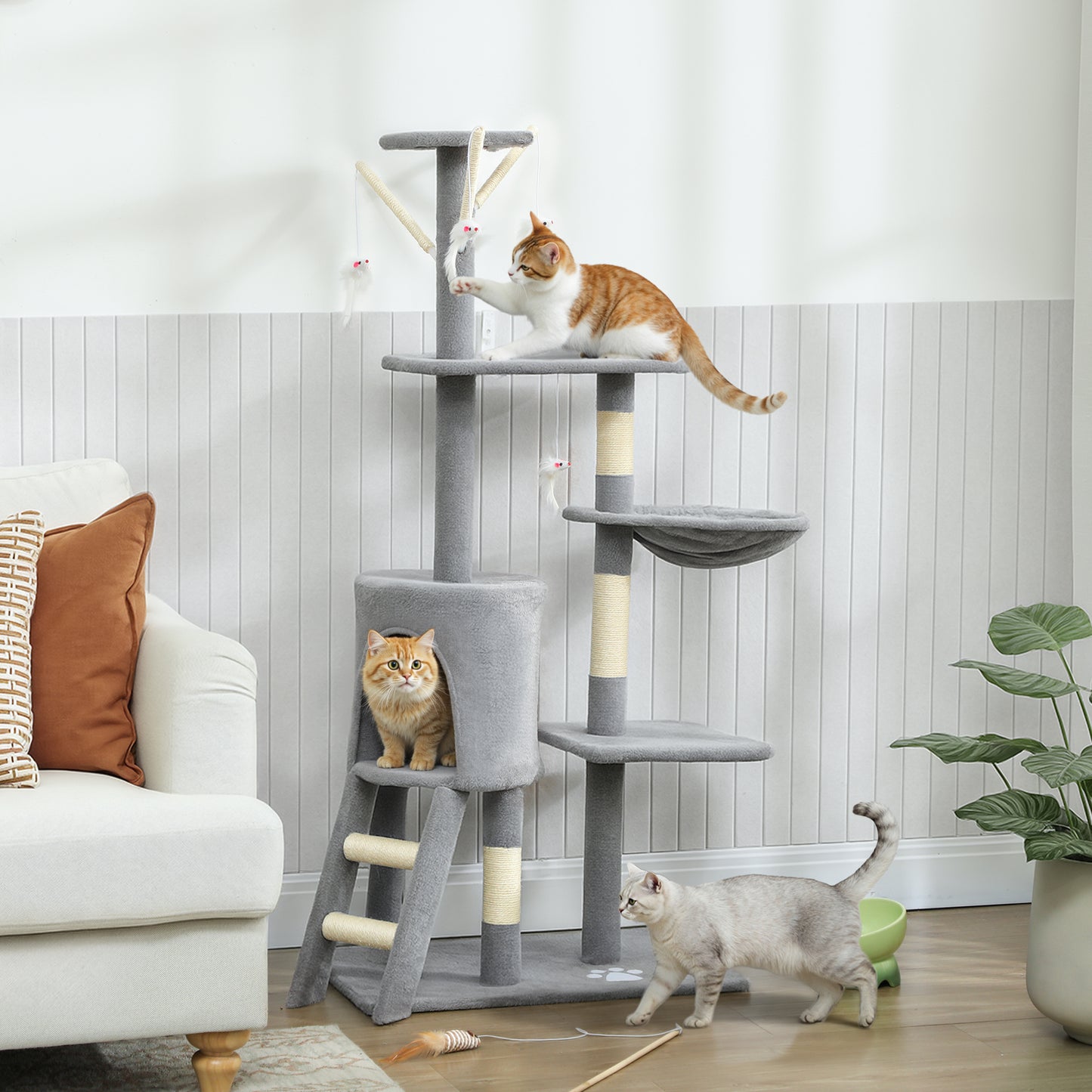 Multi-Level Cat Tower, 134cm Cat Tree with Condo and Sisal Scratching Posts for Indoor Kittens, Grey