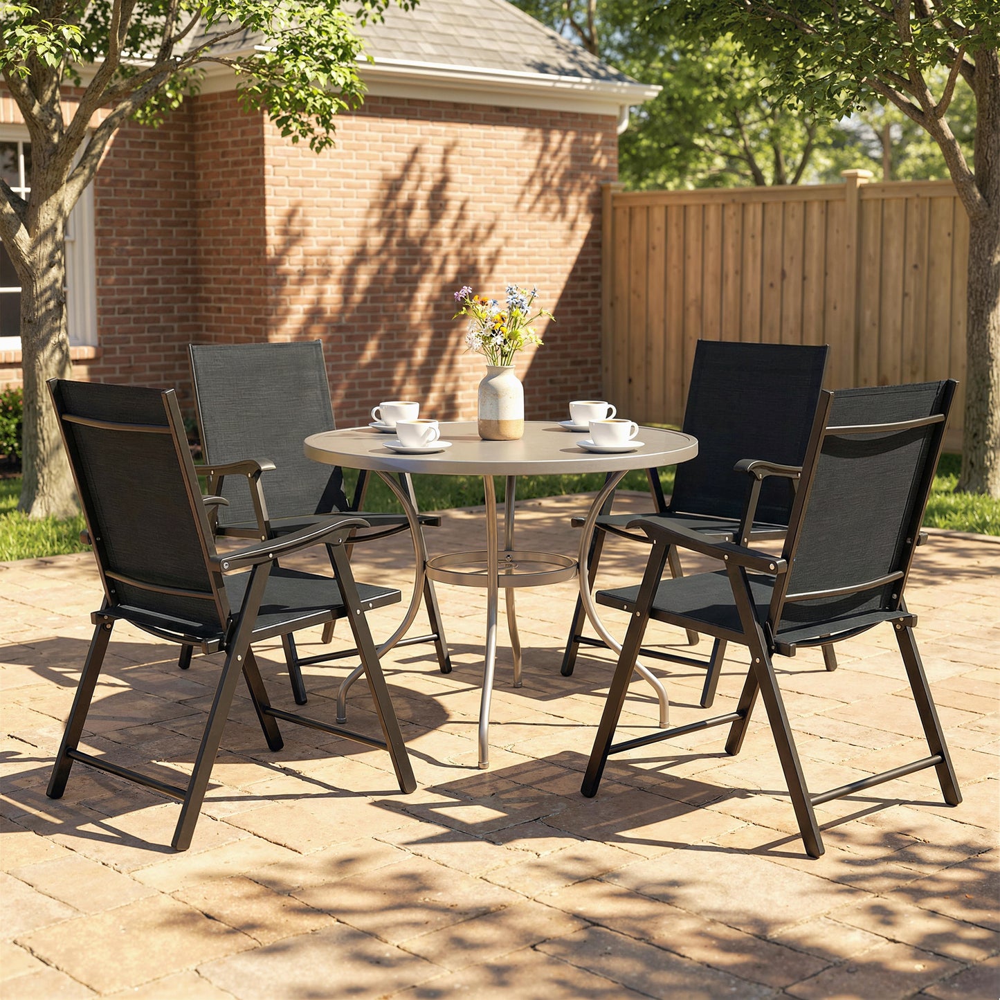 Folding Garden Chairs Set of 4 with High Back, Armrests, Texteline Seat, Black