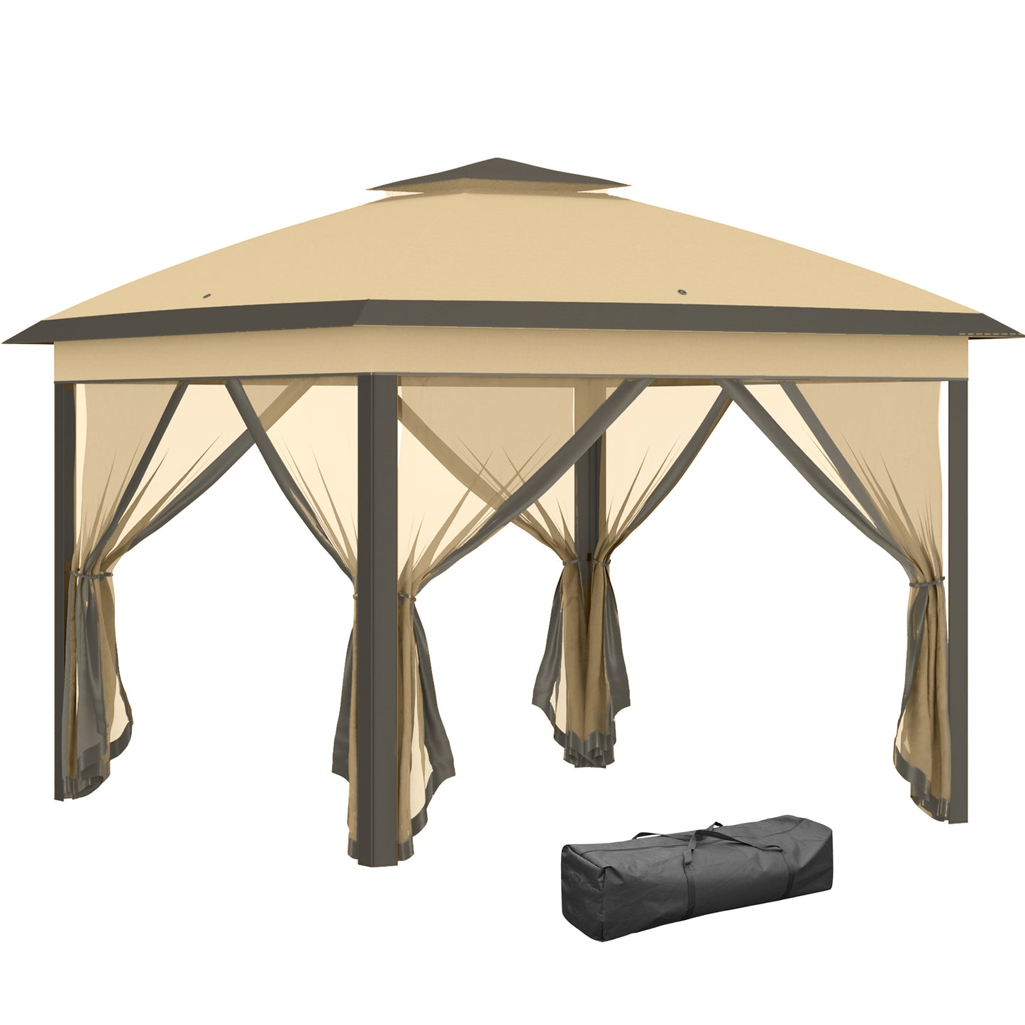 3.3 x 3.3m Pop Up Gazebo, Double Roof Foldable Canopy Tent with Zipped Mesh Sidewalls, Height Adjustable and Carrying Bag