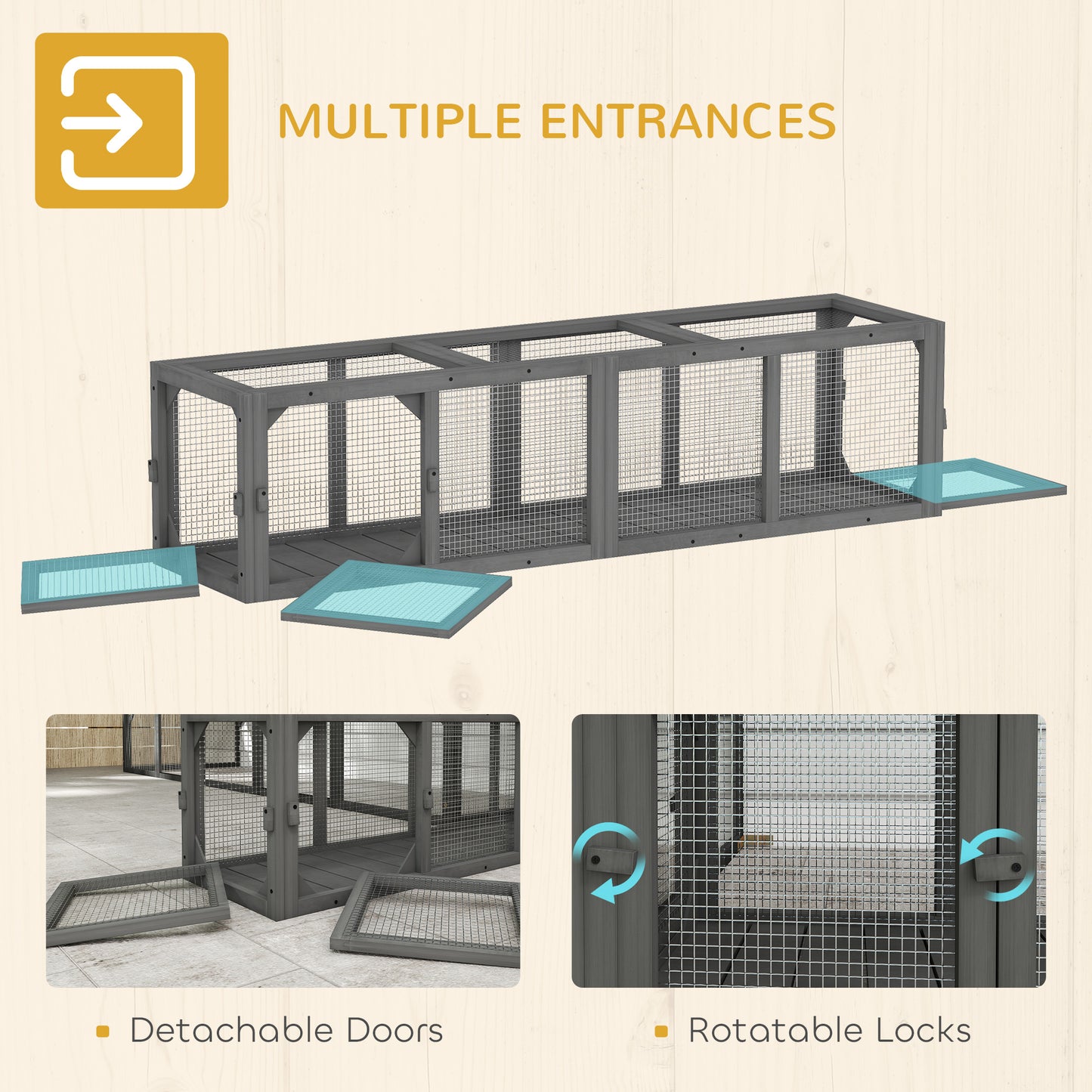 Outdoor Cat Tunnel, Wooden Play Cat Enclosure, Extendable Pet Run with 3 Doors, for Indoor and Outdoor Use, Grey