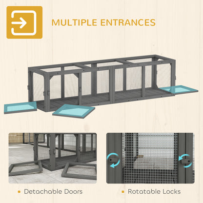 Outdoor Cat Tunnel, Wooden Play Cat Enclosure, Extendable Pet Run with 3 Doors, for Indoor and Outdoor Use, Grey