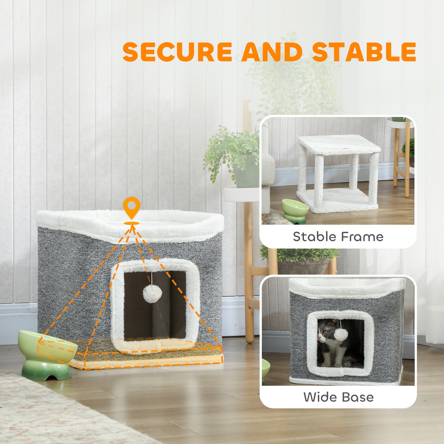 Cat House for Indoor Kittens, 2-Level Cat Cave Bed with Fluffy Balls, Top Bed, Kitten Barrel for Multi Kitties, Grey