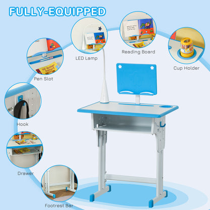 Kids Desk and Chair Set Adjustable Height Study Table Set with Drawer, Book Stand, Pen Slot - Blue