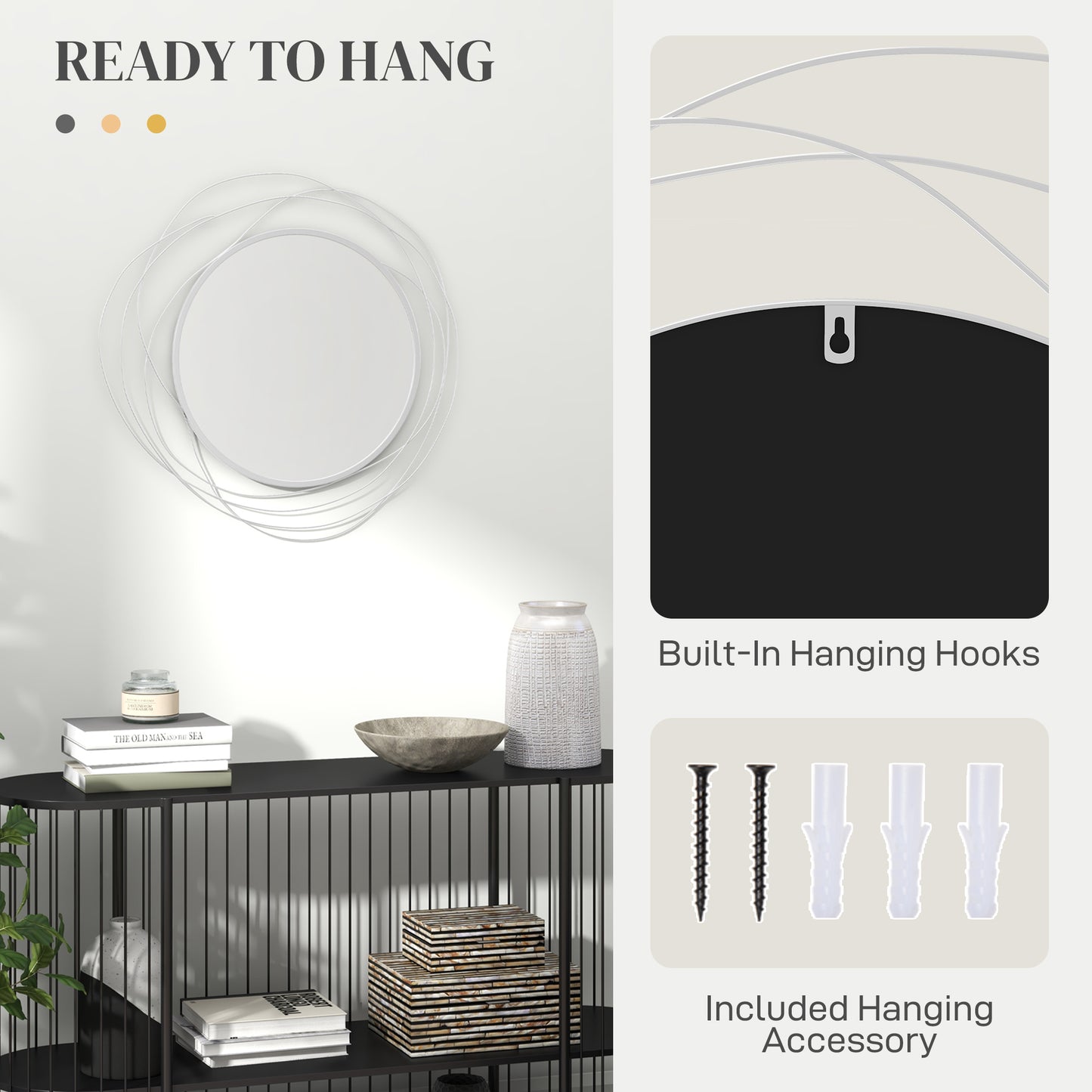 Metal Wall Art 65cm Modern Decorative Mirror Decor for Living Room Bedroom Dining Room, Silver
