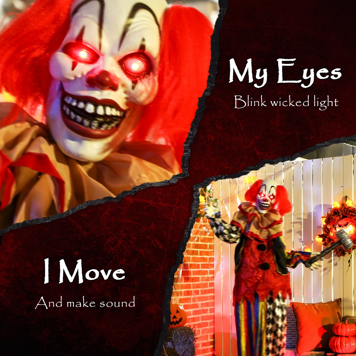 173 cm Life Size Halloween Animated Standing Clown & Hammer with Red Light Up Eyes, Sound Activated Moving Arms & Head