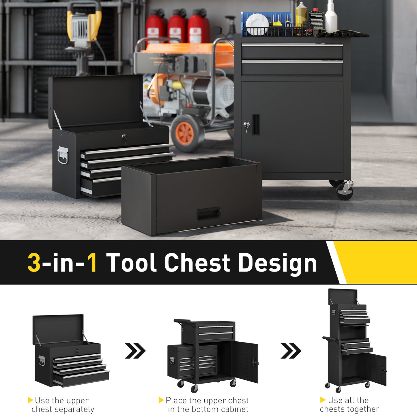 Three-Part Steel Locking Tool Chest - Black