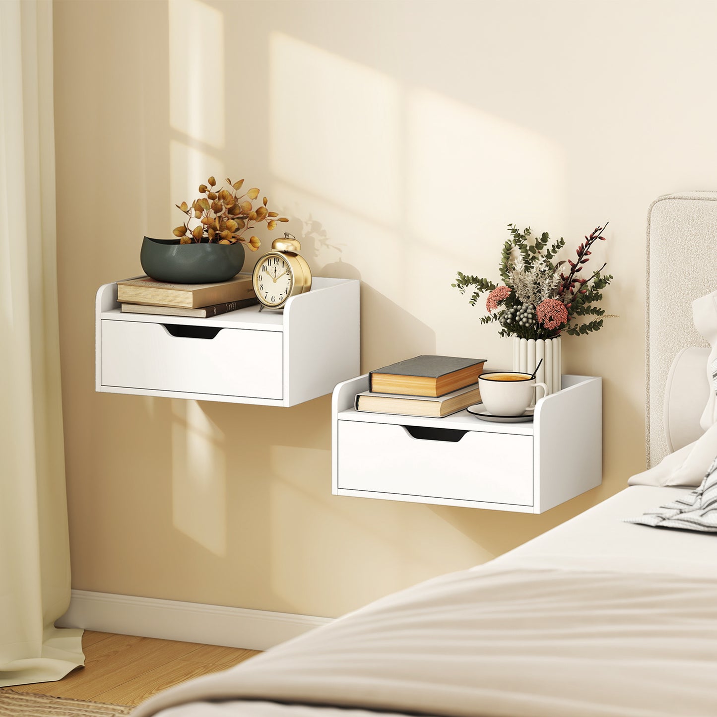 Floating Nightstands Set of 2, Wall Mounted Bedside Table with Drawer for Bedroom, White